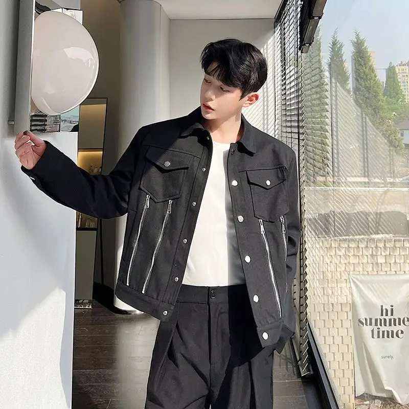 Autumn Men's Denim Coat Metal Zipper Safari Style Solid Color Jacket Casual Male Korean Style Tops Trend Outerwear