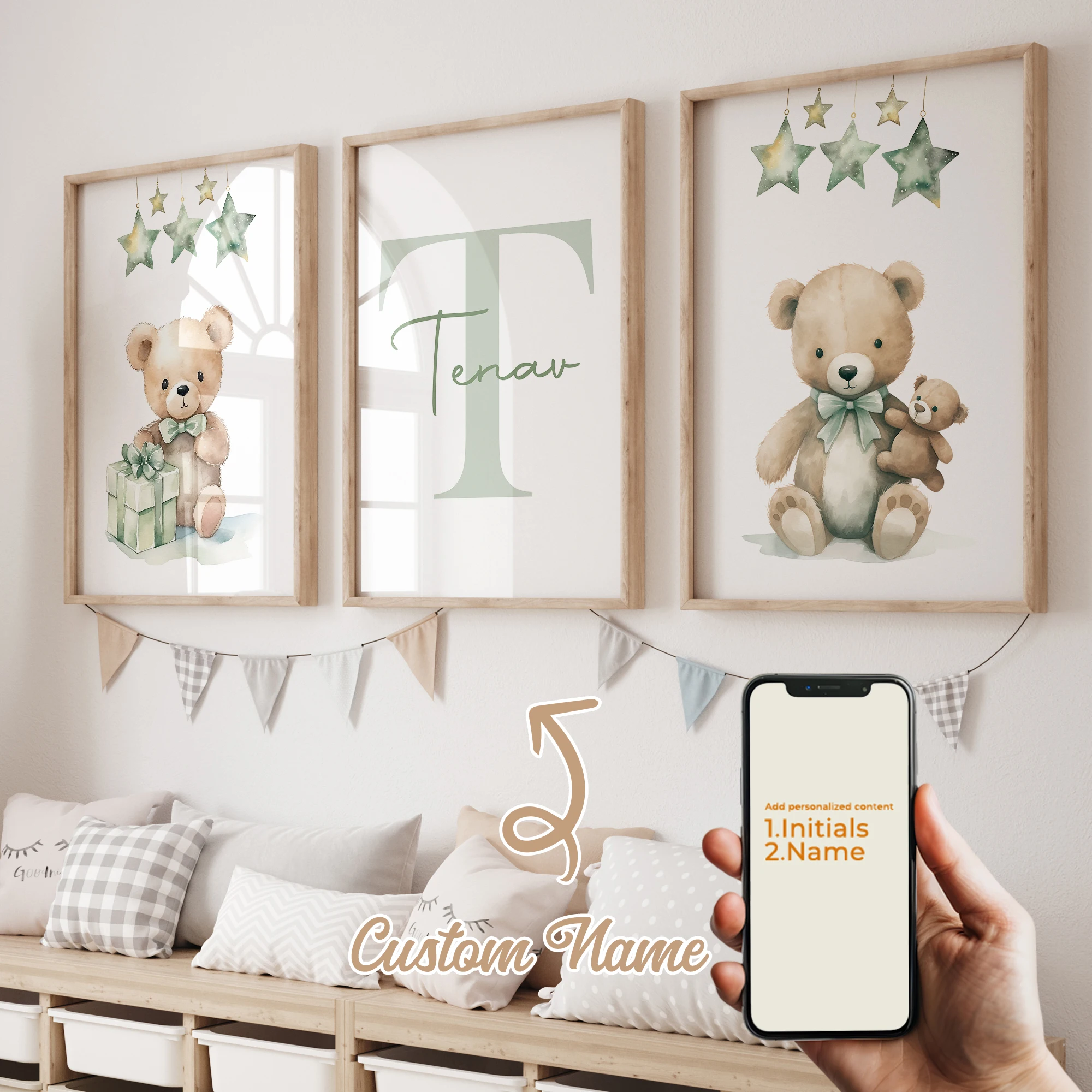 

3pcs Green Bear Star Name Custom Gift Wall Art Prints Canvas Painting Poster Picture For Living Bed Room Home Decor
