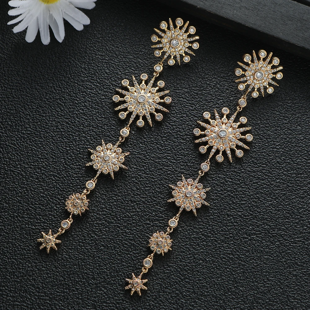 Luxury Fashion Exaggerate Sparkling Cubic Zircon Star snowflake long Tassels Earrings For Women Engagement Party Jewelry E122