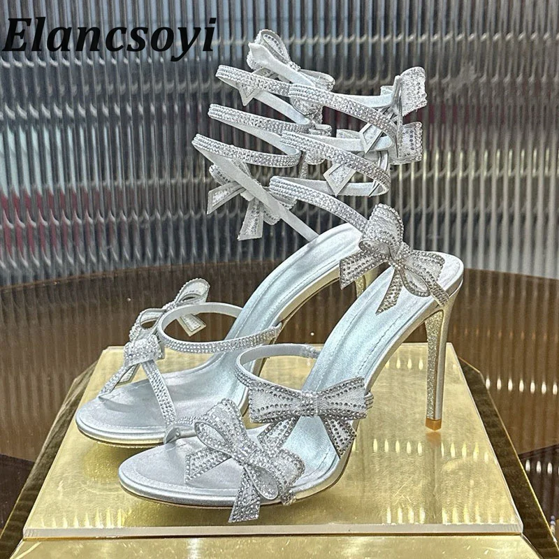 2026 Summer Women's High Heels Diamond Bow Sandals Ankle Serpentine Wrapping Toe Solid Color Banquet Party Slimming High Heels