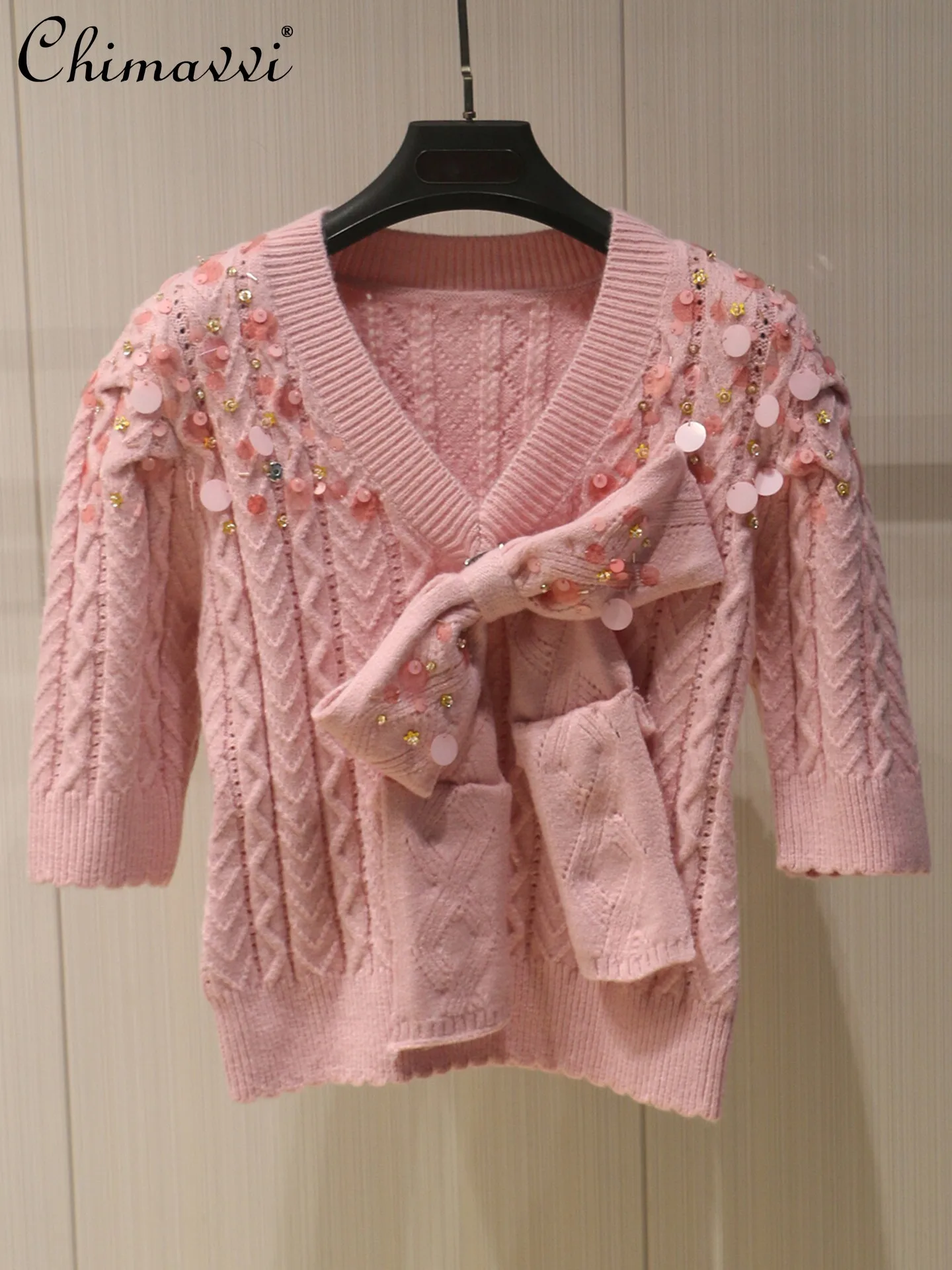 

French Sweet Large Bow V-neck Sequin Knitted Short-sleeve Women's Top Spring-summer New Fashion Elegant Temperament Pullover