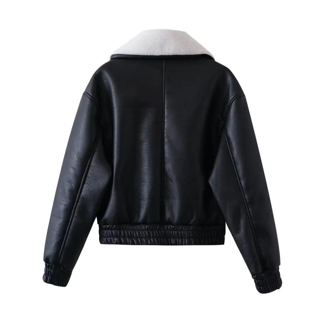 TRAF Lapel Faux Fleece Pu Leather Jacket Women Thick Warm Moto Biker Streetwear Coat 2024 Damska odzież wierzchnia jesień zima