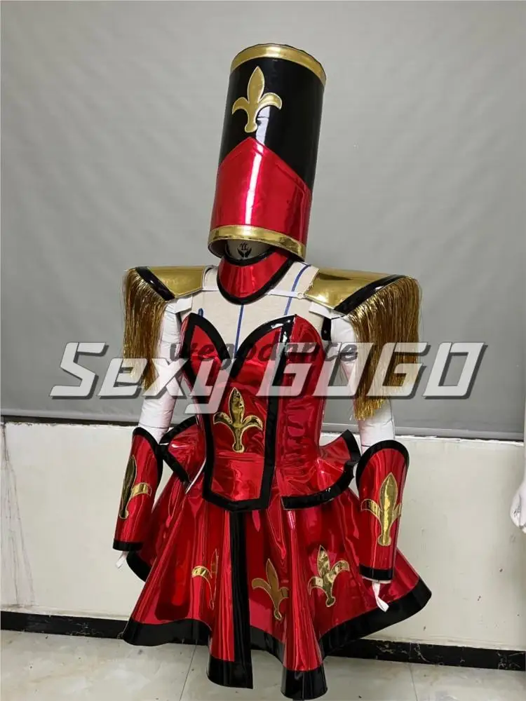 

Sexy Gogo Red Lacquer Leather Spliced Military Suit Series Bar Gogo Ds Party Performance Dress