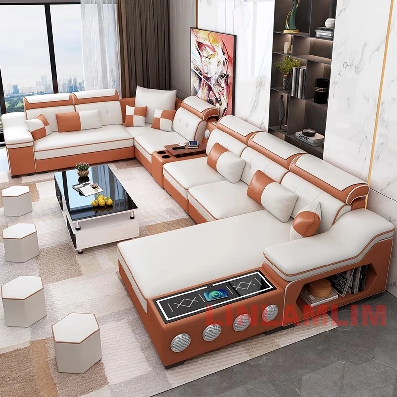 Linlamlim Modern Scientific Cloth Sectional Sofa Set with Chaise Lounge, Bluetooth Speakers, USB Charging Ports for Living Room