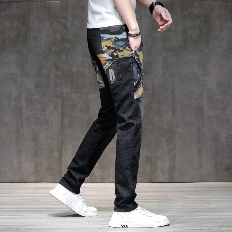 Camouflage Stitching Jeans Men's Motorcycle Style Street Personality Design Slim Fit Skinny Stretch Pants2024New