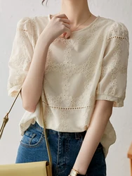 QOERLIN Chic Embroidered Floral Hollow Out Short Sleeve Blouse Women Elegant Casual Loose Summer O-Neck Beige Shirts Female Tops