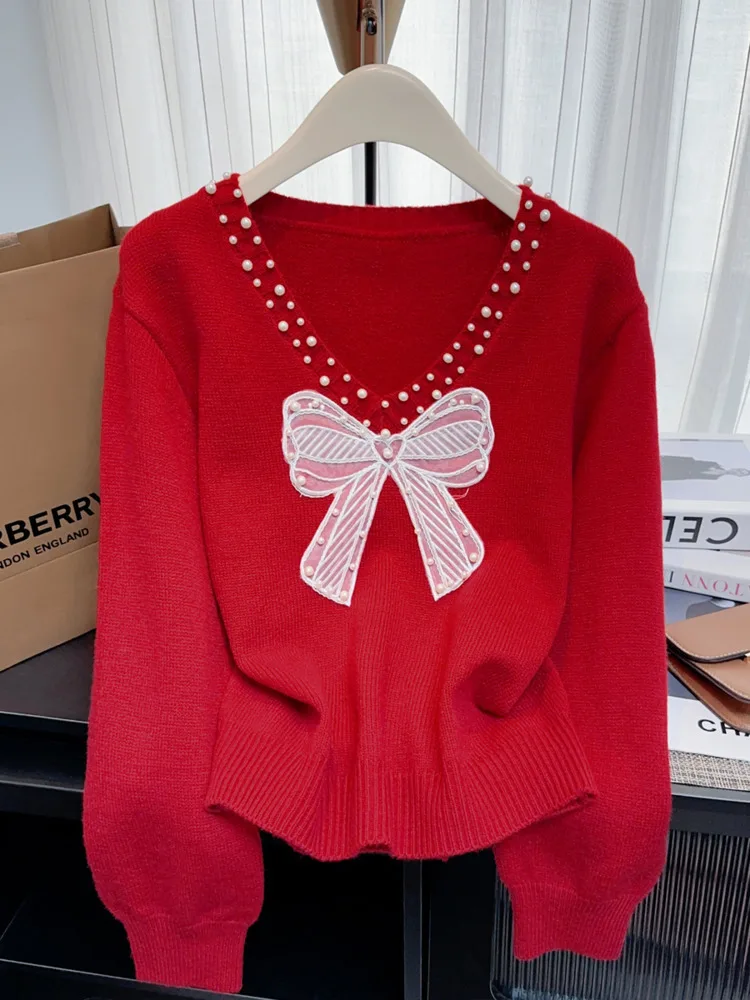 

2025 Chic Bowknot Beaded V-neck Sweater Autumn Winter New Sweet Loose Age-reducing Short Versatile Knitted Top Women Y2k Fashion