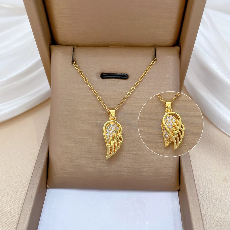

Openable Empty Wings Feathers Pendant Gorgeous Zircon Necklace Female Versatile Clavicle Titanium Steel Chain