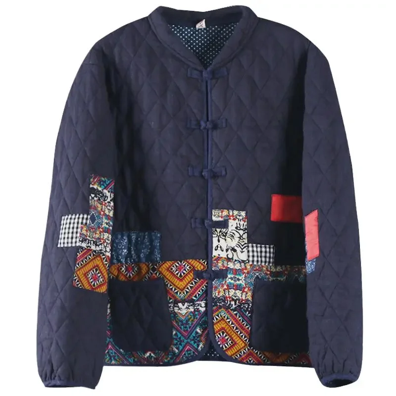 2024 neue Herbst Winter Vintage Print Spleiß mit Innen platte Schnalle Leinen Clip Baumwolle Cardigan Mantel Baumwolle Mäntel Frauen Jacke