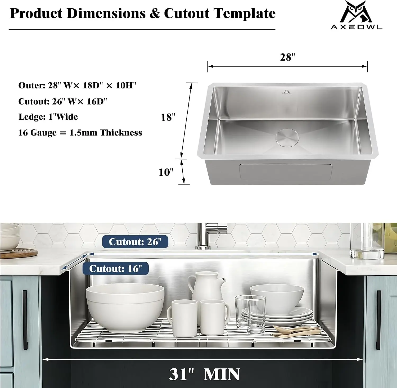 28 Inch Undermount Kitchen Sink, 16 Gauge Stainless Steel Single Bowl, Extra Deep 10 in. Basin, Brushed, with Drain Assembly, Bo