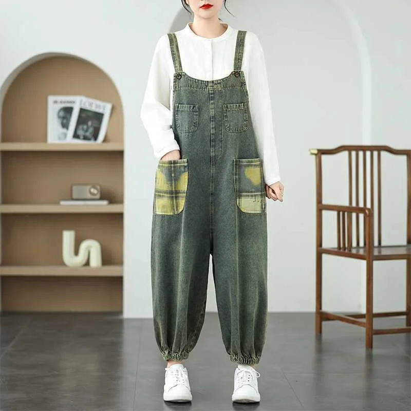 

Grid splicing Denim Jumpsuit For Spring Autumn 2025 New Retro Wide Leg Overalls Women Versatile Loose Harem Pants Trendy