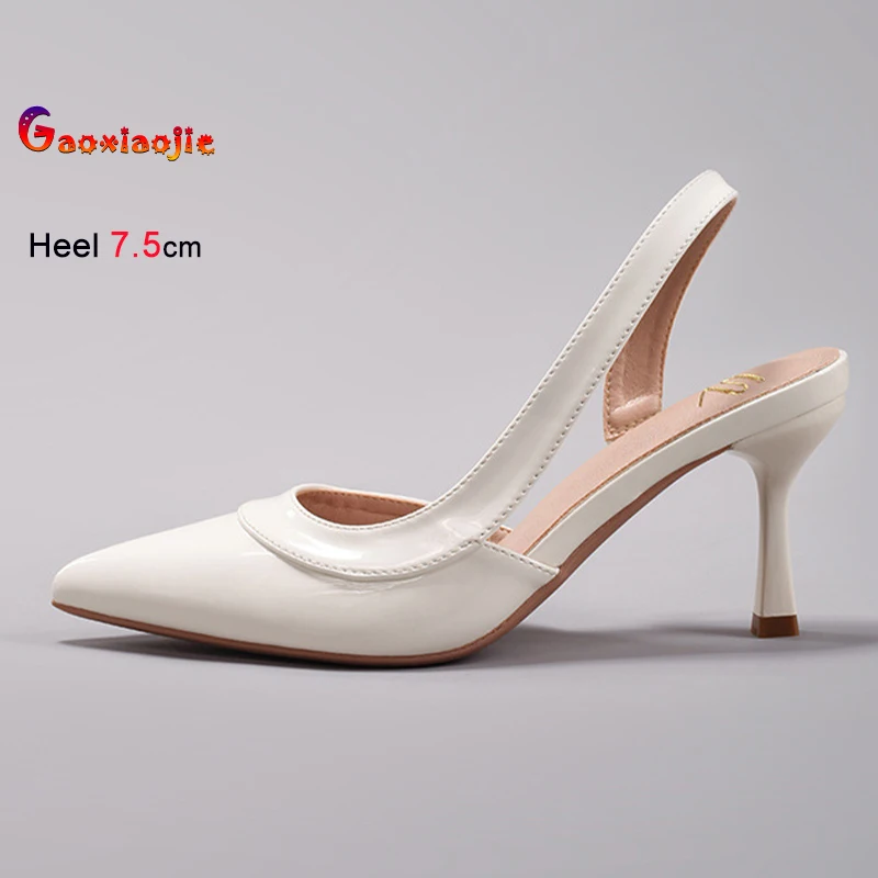 2025 الصيف الأبيض المرأة الصنادل رقيقة عالية الكعب 7.5 سنتيمتر أشار تو الجانب الجوف خارج الظهر فارغة السيدات مضخات أحذية الحفلات حجم 43
