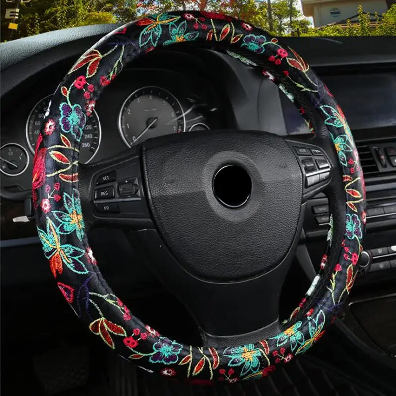 3 Design PU Leather Cute Car Steering Wheel Cover Flowers Cartoon for Girls Women Car Styling fit 14-15\