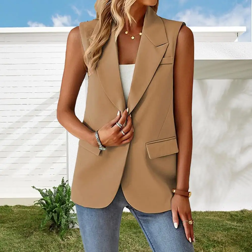 Women Elegant Sleeveless Women\'s with Lapel Patch Pockets Formal Business Attire for Ladies Mid Length Suit Coat for Work