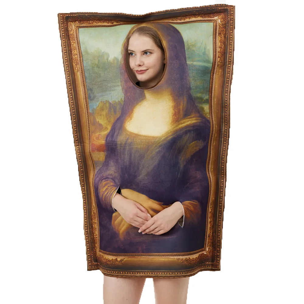 Grappige Mona Cosplay Lisa Muurschildering Kostuums Rekwisieten voor Volwassen Unisex Spons Jumpsuit Halloween Carnaval Fancy Dress Up Party Kids