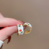 Enamel Tulip Rose Flower Stud Earrings Female Retro Glaze Earrings C-shaped Circle Korean Style Earrings Jewelry Accessories