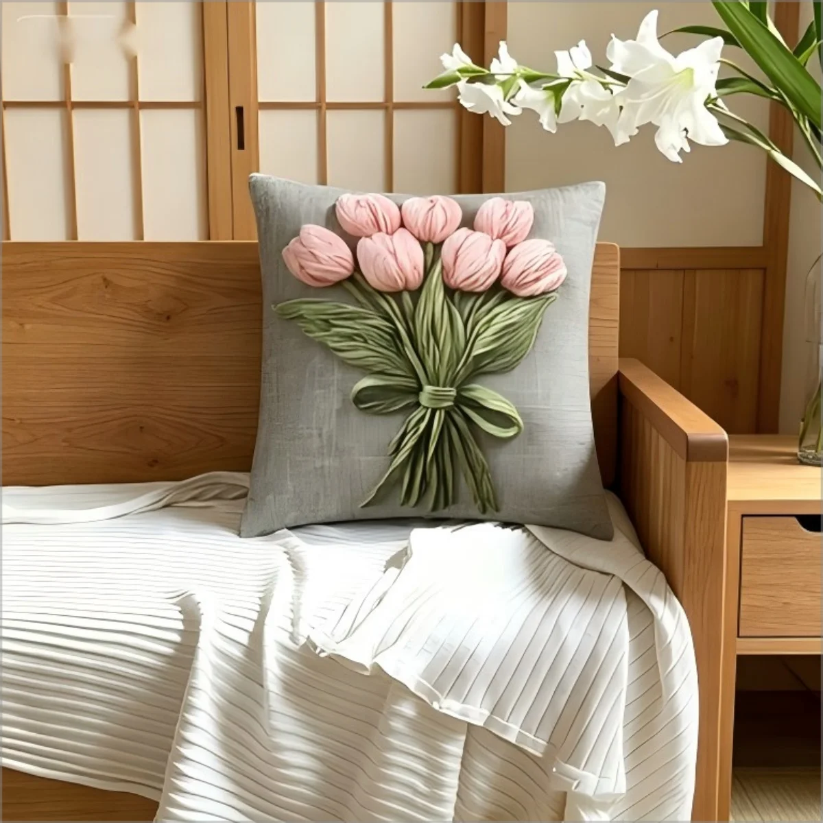 Pink Tulip Bouquet Pillow Cover 2D Faux Embroidery Print Vintage Floral Cushion Case for Sofa Bed Couch Elegant  Home Decor