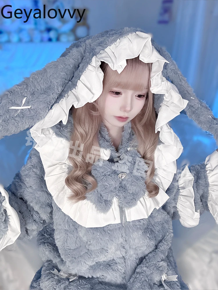 

Модные женские теплые пальто Y2K Subculture Mass-Produced Style Повседневная толстовка с капюшоном Rabbit Зимняя женская свободная толстая куртка с капюшоном