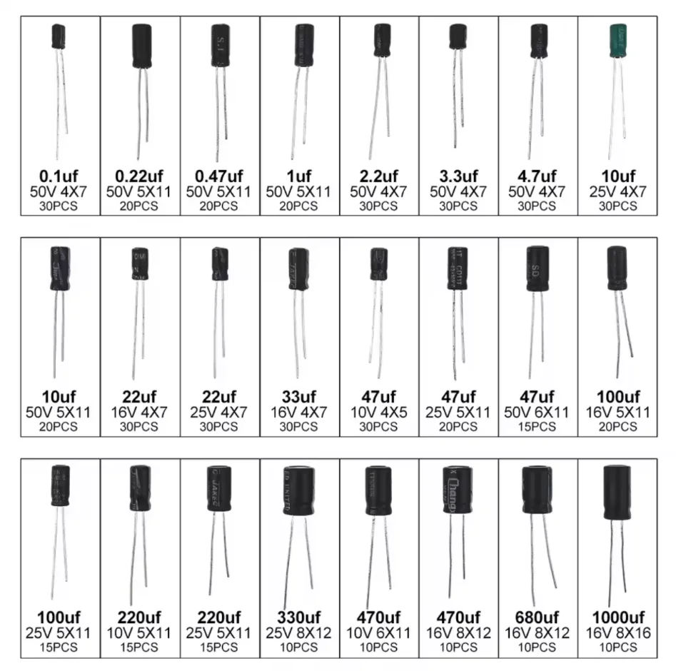 500pcs/Box Aluminum Electrolytic Capacitor Electrolytic Capacitors Kit 24Value Range 0.1uF-1000uF Capacitors Assortment Kit