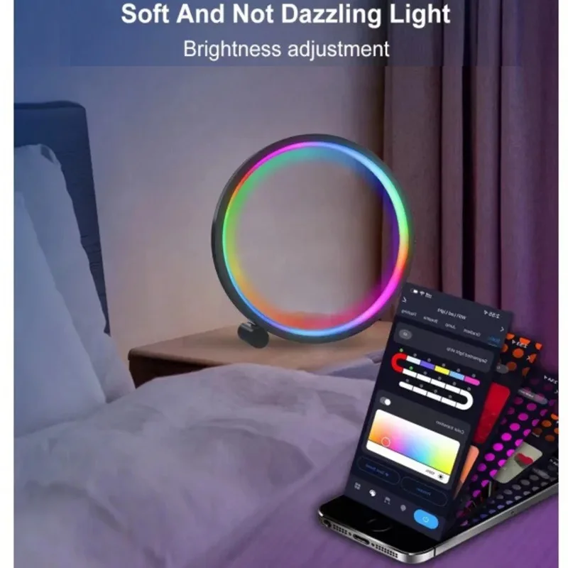 Smart WiFi RGB Music Rhythm Ambient Light LED Ring Night Light App Remote Desk Lamp Dimmable Indoor Decorative Light Holiday Gif