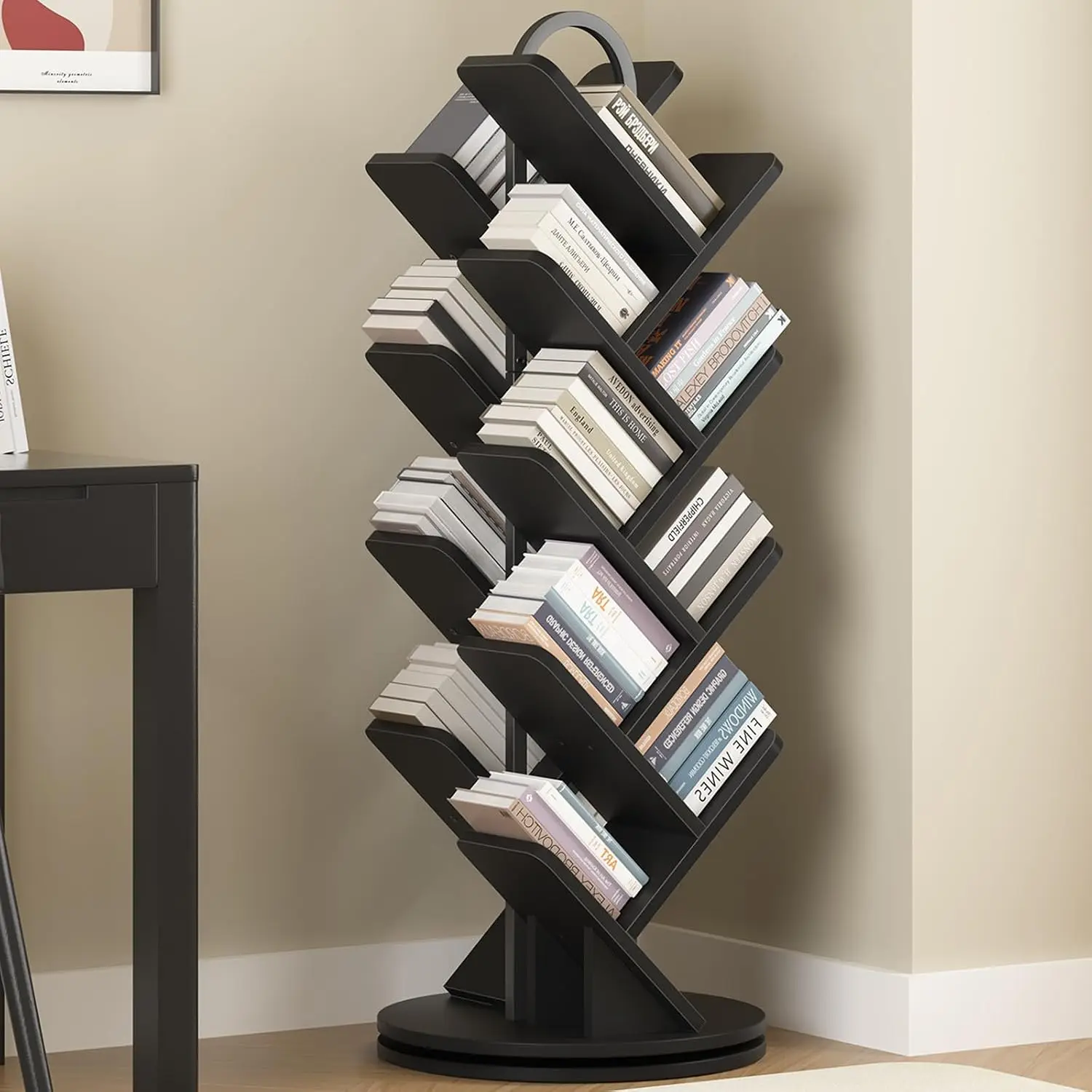 16-Tier Rotating Bookshelf 360° Spinning DVD Rack Corner Bookcase for Living Room Bedroom Study Black, Customized
