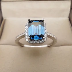 Luomansi Deluxe 2CT 6x8MM Blue Moissanite Stone Ring Women with Certificate Solid S925 Silver Jewelry Anniversary Party Gift