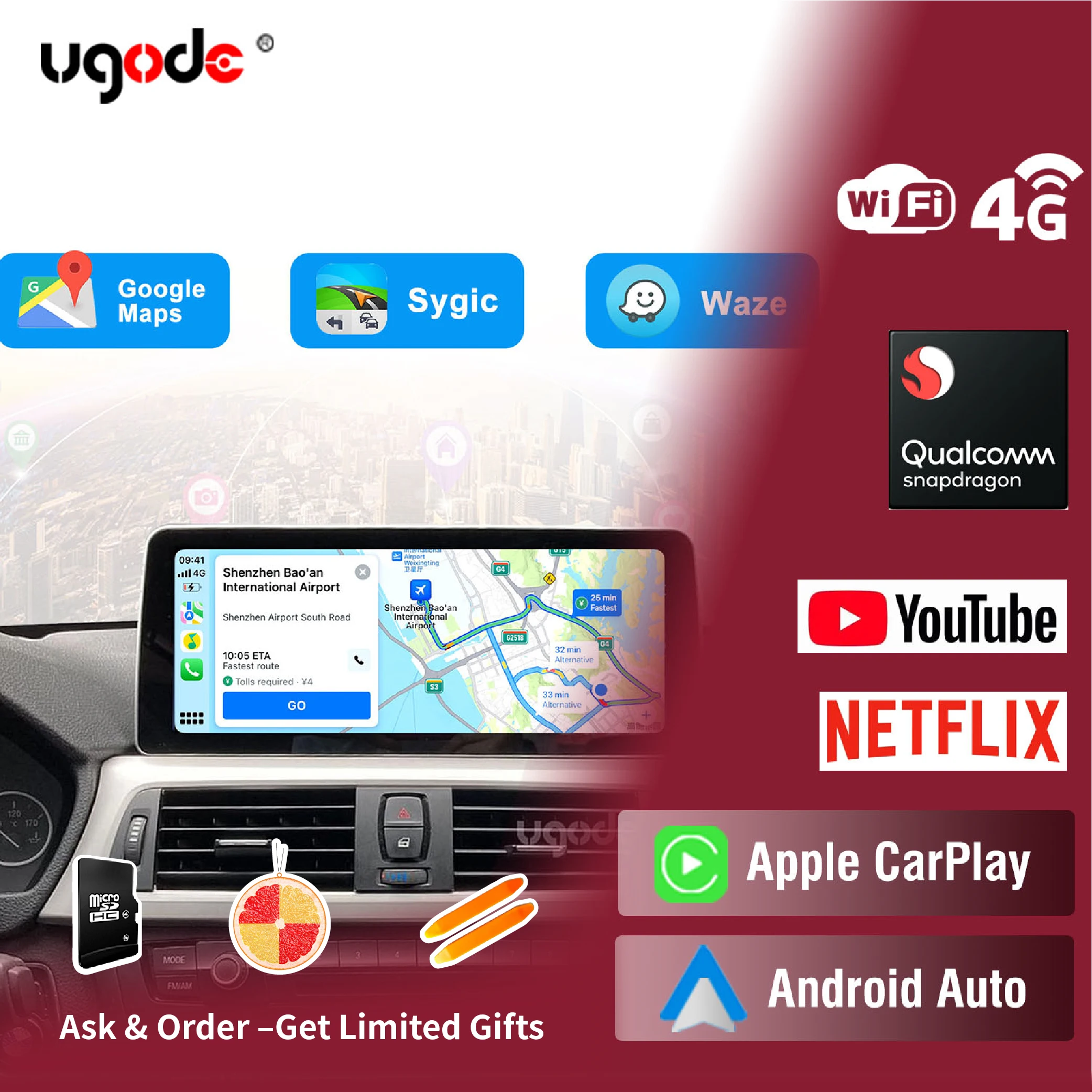 Ugode Qualcomm Snapdragon 685 Android Screen Upgrade CarPlay Navi Car Stereo GPS for BMW 3 Series F30 G20 4 Series F32 F80 M3