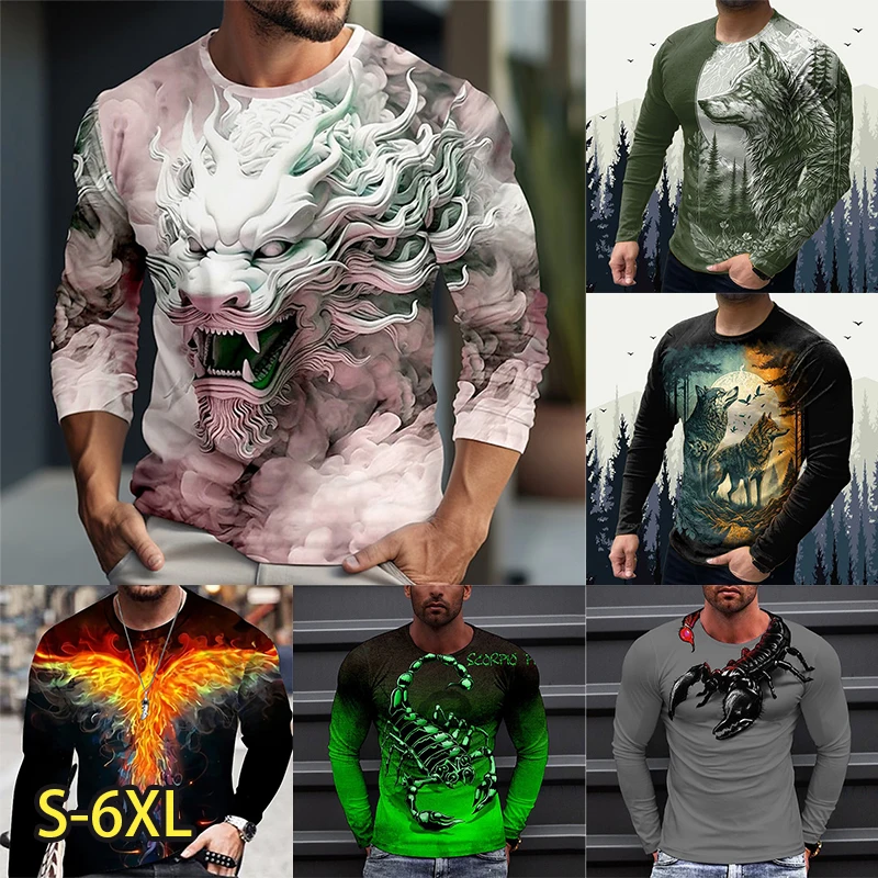 2023 New Men Long Sleeve Crewneck Print Fierce Animal Pattern Y2K Fashion Men\'s Shirt Long Sleeve Street Retro Style Men\'s Wear