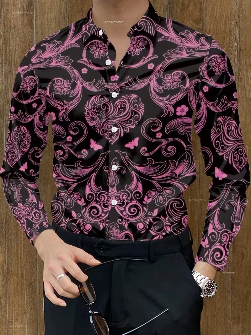 

Men's casual luxury exquisite long sleeved shirt elegant palace style purple rose floral print men's shirt fashionable top