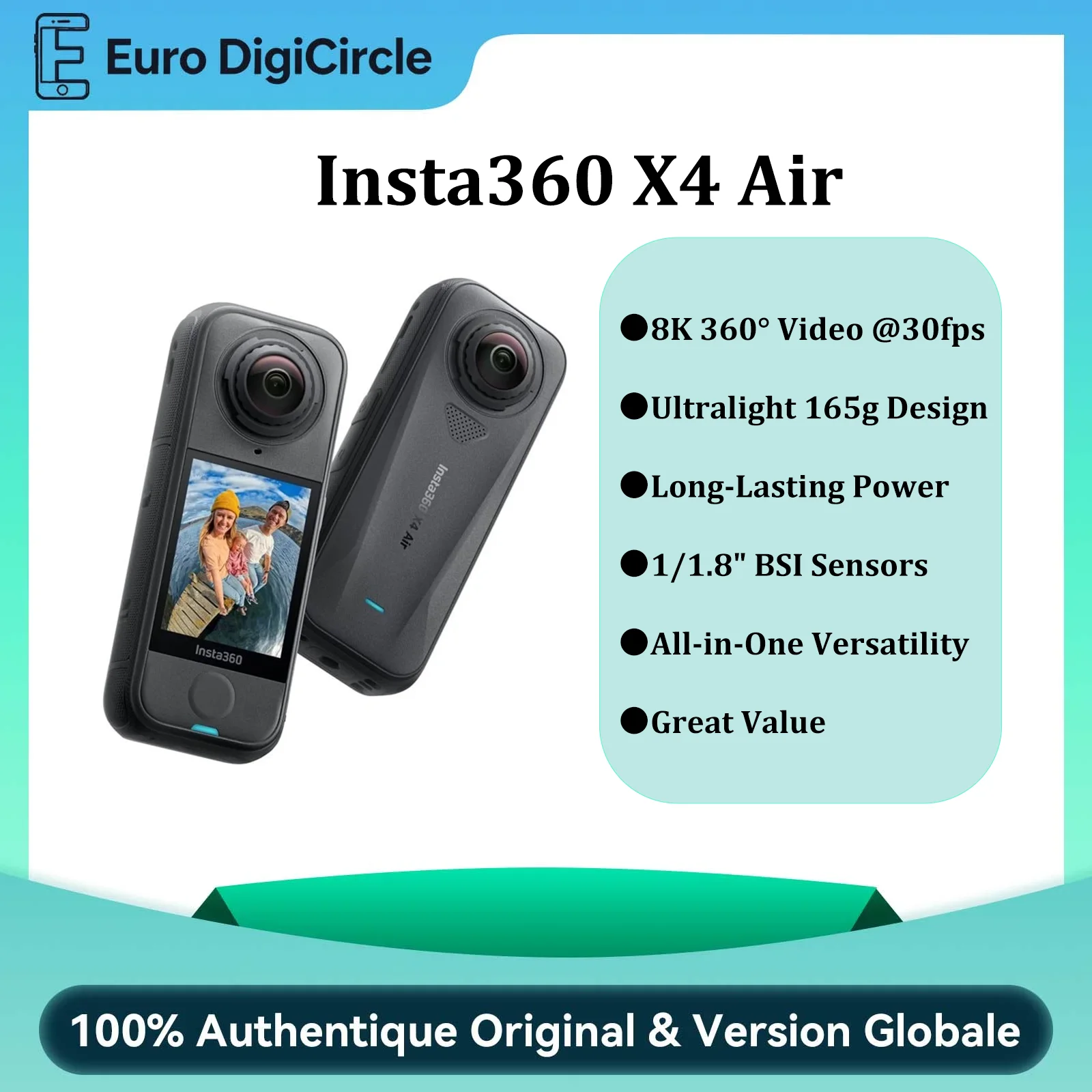 Insta360 X4 Air : caméra 360° légère de 165g, 8K, double capteur 1/1.8", batterie 88min et étanche jusqu'à 15m