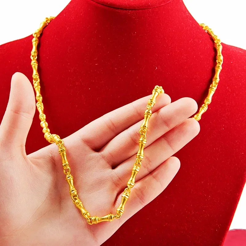 

CHUANGCHENG 24k Yellow Gold Bamboo Necklace Chain for Men Classical 60cm Snake Bone Necklaces Gold Fine Jewelry Wedding Gifts