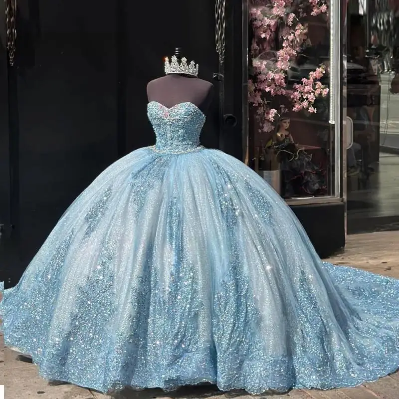 

Blue Vestidos De 15 Años Beading Quinceanera Dress 2024 Lace Applique Sweet 16 Birthday Party Gown Sweetheart Princess Pageant