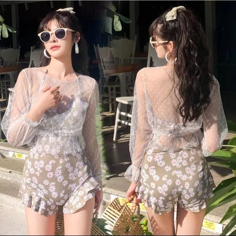 One-piece swimsuit with long sleeves to cover the belly, swimming and hot spring two-piece set to look thin
