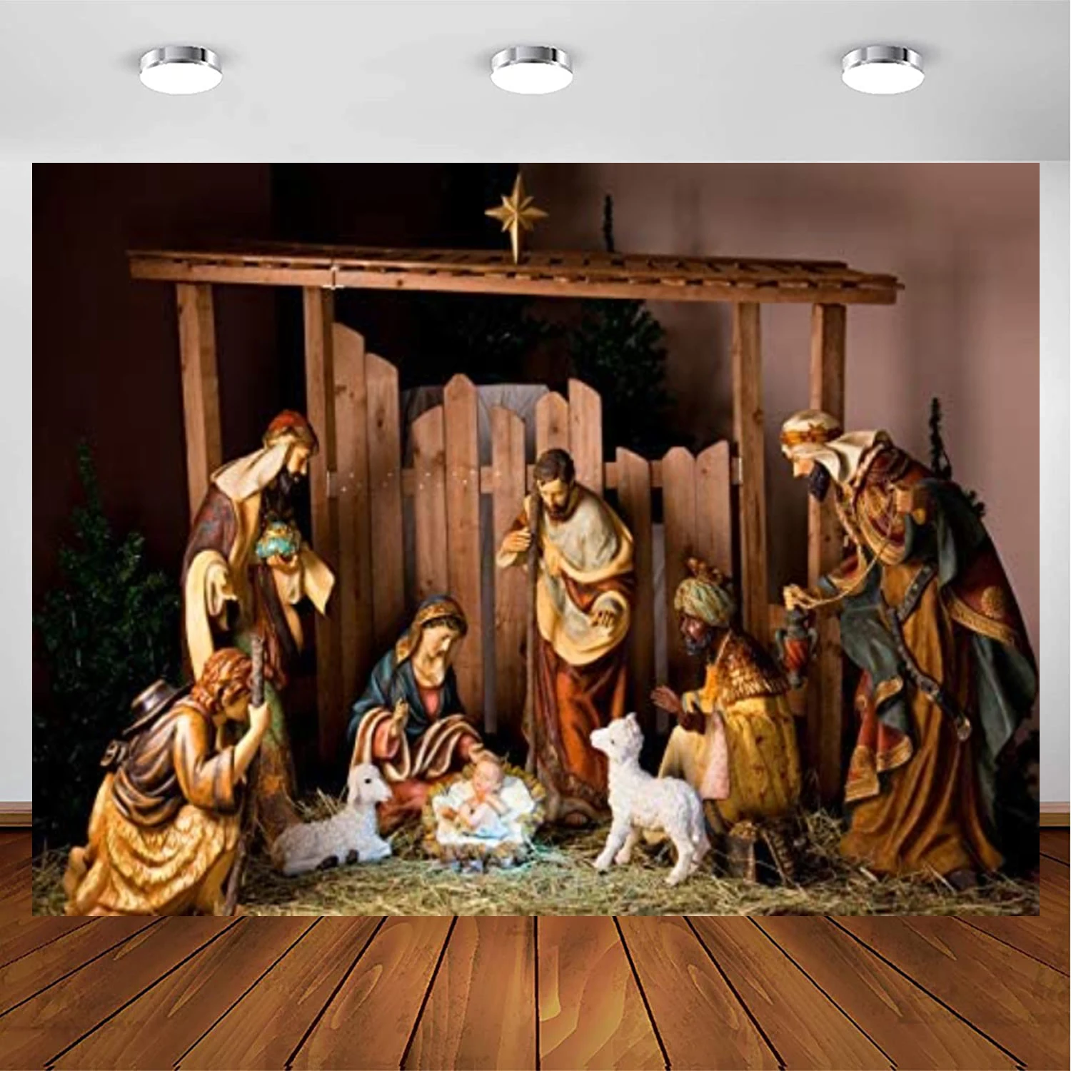 

Birth Of Jesus Photography Backdrop Christ Christmas Manger Scene Figurines Virgin Mary Little Sheep Background Party Decor