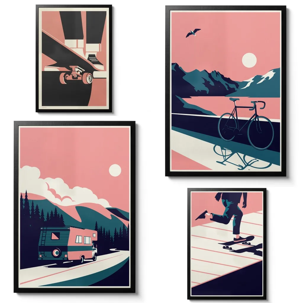 1pc Canvas Painting frameless Modern Minimal Summertime Canvas Painting Wall Art Decor Travel Skateboard Bike Cycling RV Camperv