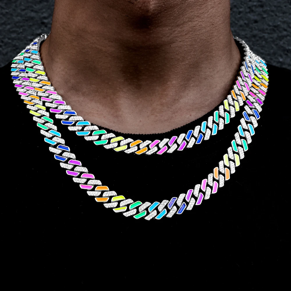 Colorful Square Miami Cuban Link Chain 13mm Necklace 18/20/24 Inch Length Bling Choker Hip Hop Stylish Jewelry for Men  Women