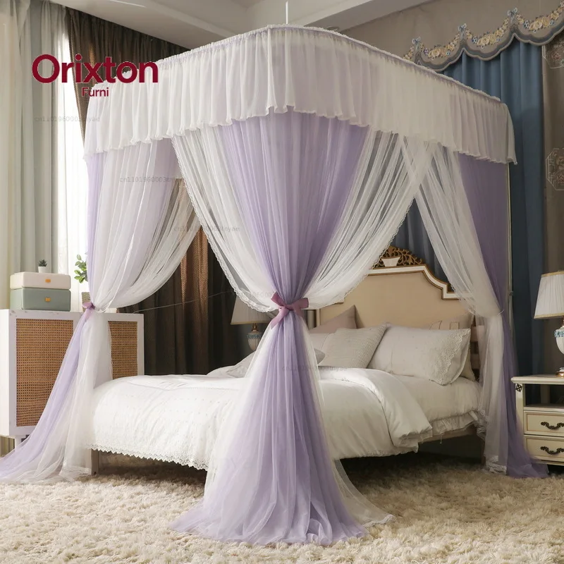 2 Layer Rail Mosquito Net Princess Palace Lace Bed Canopy for Girls Room with Aluminium Alloy Frame for 1.8 2.0M Bed