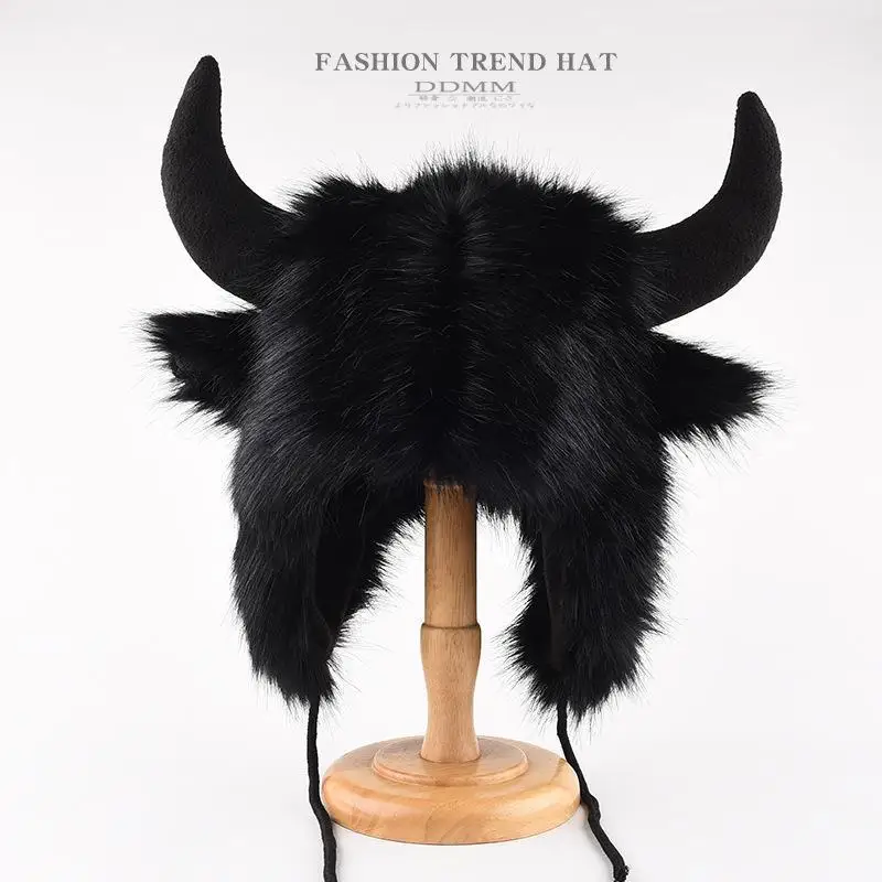 High Quality Unisex Bullhead Hat With Horns Fluffy Bison Hat Thick Windproof Funny Hat