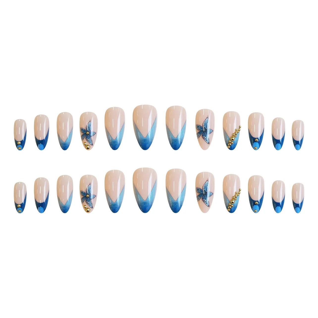 Nude fake nails with pink blue flowers print metal beads rhinestones design Almond shape nail tips press on false nail art view 3