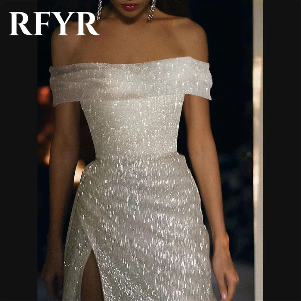 

RFYR Fashion Short Sleeve Off Shoulder Sequins Mermaid Evening Dresses Sexy High Side Slit Prom Dress Floor Length Party Dress