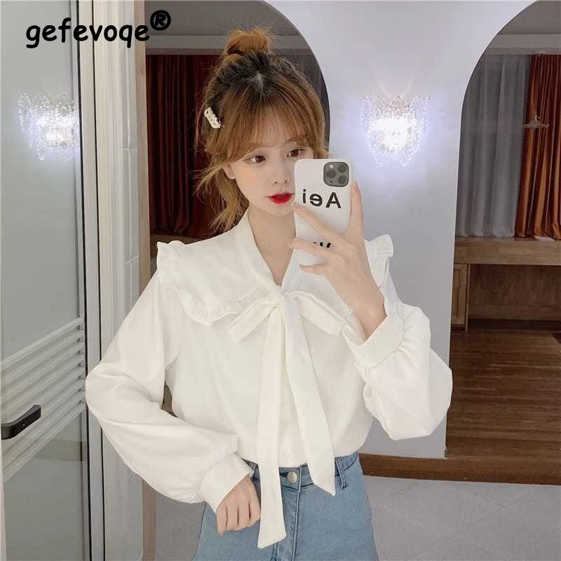 

Blouses Women Elegant Kawaii Bow Ruffles Peter Pan Collar Leisure Korean Style Students Trendy All-match Female Lovely Clothes