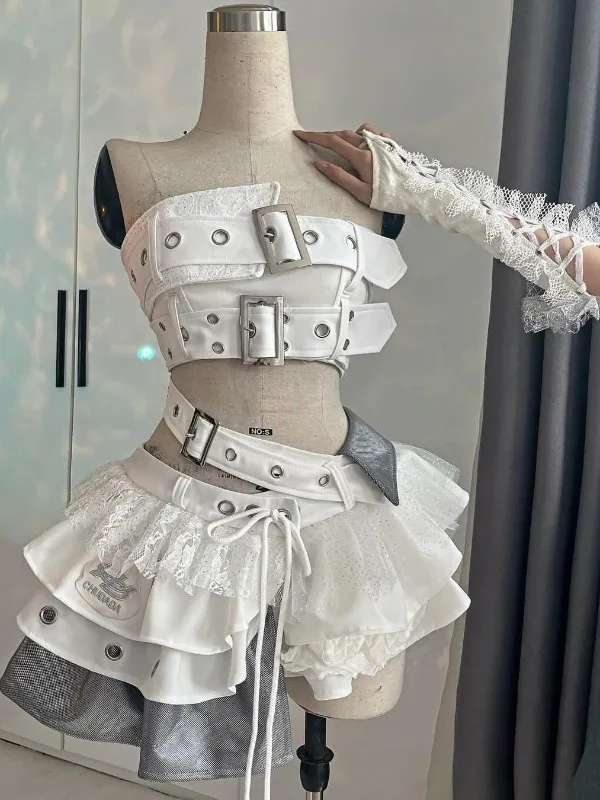 

Gothic Punk Elegant Woman Suit Y2k Strap Hollow Out Stitching Design 2 Piece Set Female Irregular Retro Chic Outfits