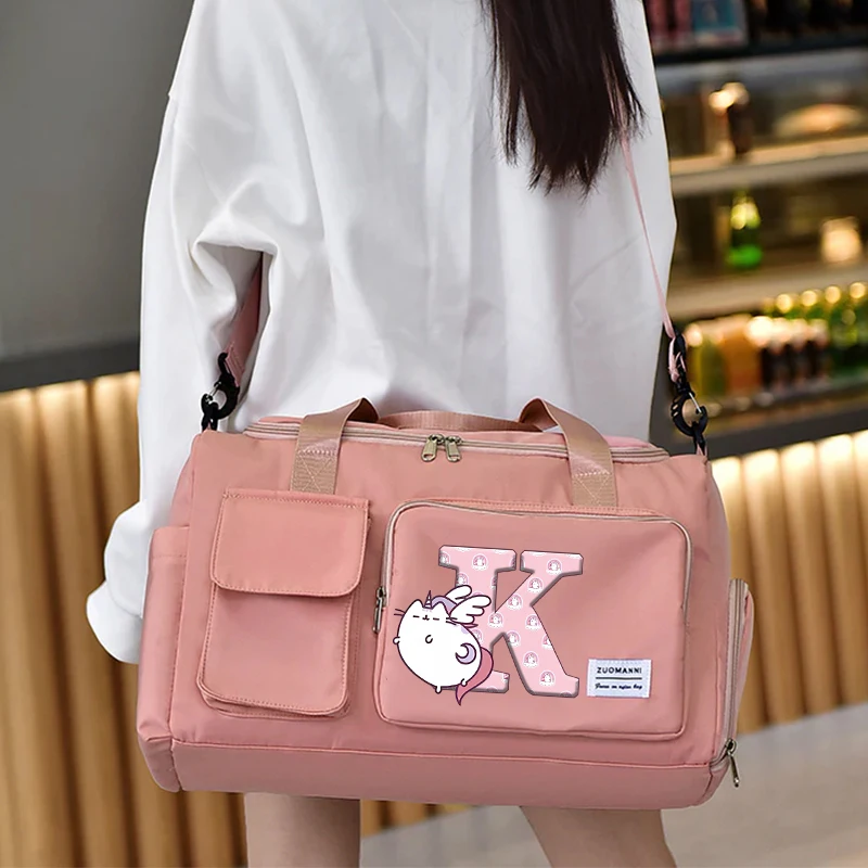 Pusheen Women Men Travel Bags Anime Fat Cats Printed Letter Large Gym Duffle Bags with Shoe Compartment Sport Fitness Handbags