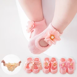 3 Pairs Baby Girl Ankle Socks Lace Bow Infant Anti Slip Socks Newborn Princess Pearl Low Cut Socks Children Home Floor Shoes