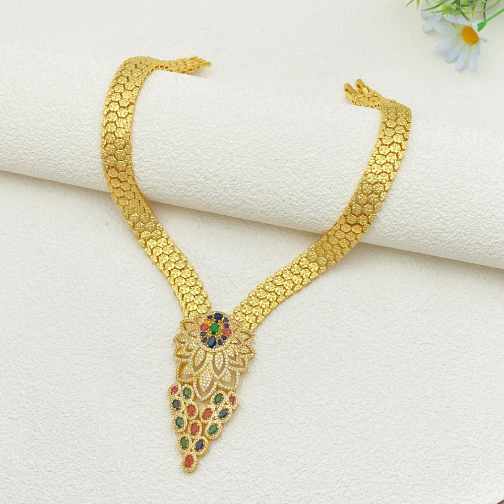 Flora Kuwait Evening Gala Essential Women's Zircon Simulated Gold-Plated Copper Jewelry Set Bracelet Ring Necklace Earring