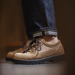 Maden Vintage Cow Suede Shoes Thick-soled Low-cut Work Shoes Casual Lace-up Khaki Shoes for Men's Fall and Winter Dress Shoes