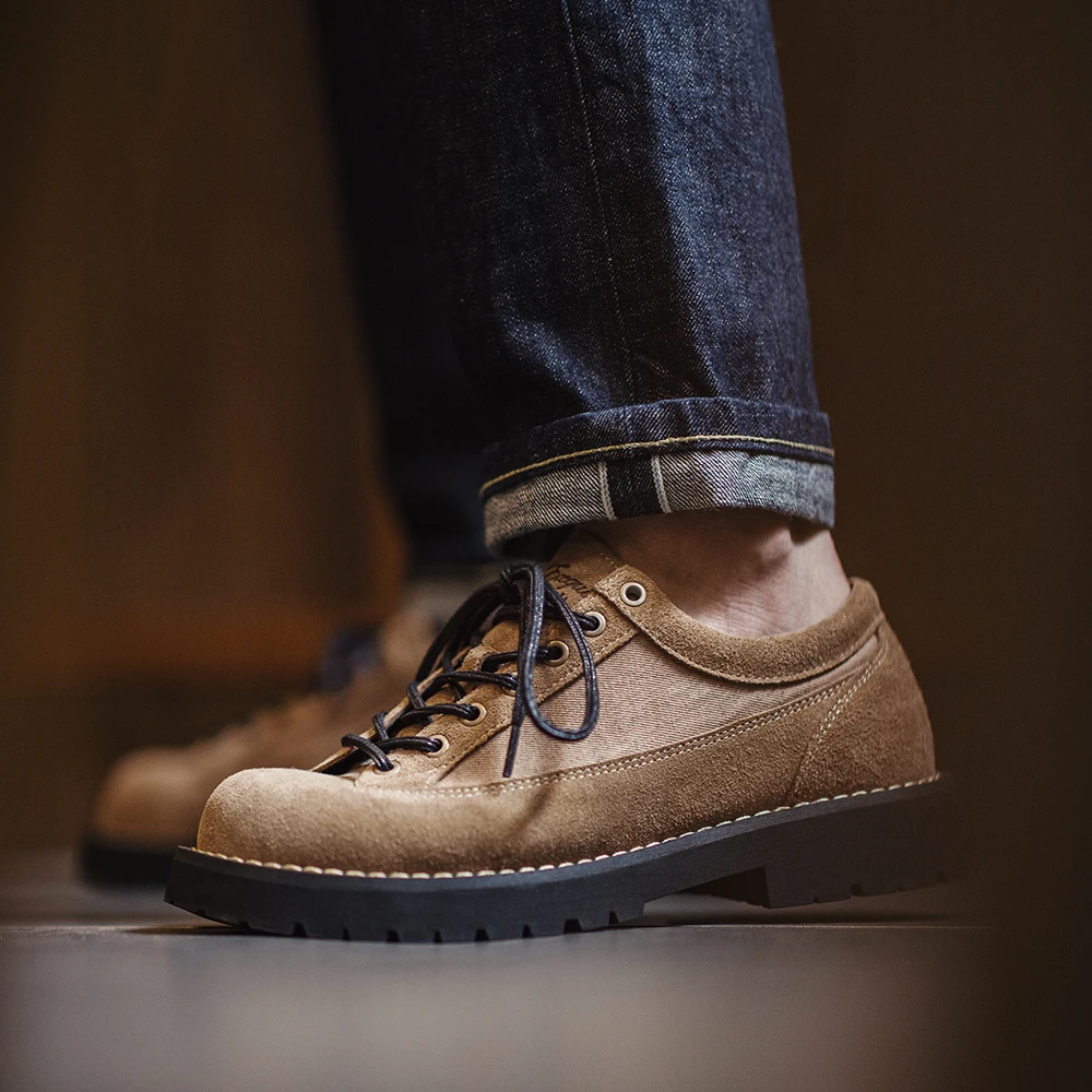 Maden Vintage Skórzane Buty z Zamszu Bydlęcego na Grubej Podeszwie, Niskie, Robocze, Codzienne, Sznurowane, Khaki, Męskie Buty na Jesień i Zimę, Eleganckie
