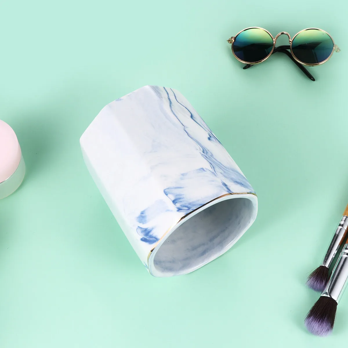 Marbling Blue -Edge Ceramic Pen Holder Desktop Organizer Pencil Container Makeup Brush Holder Gold Rimmed Tool