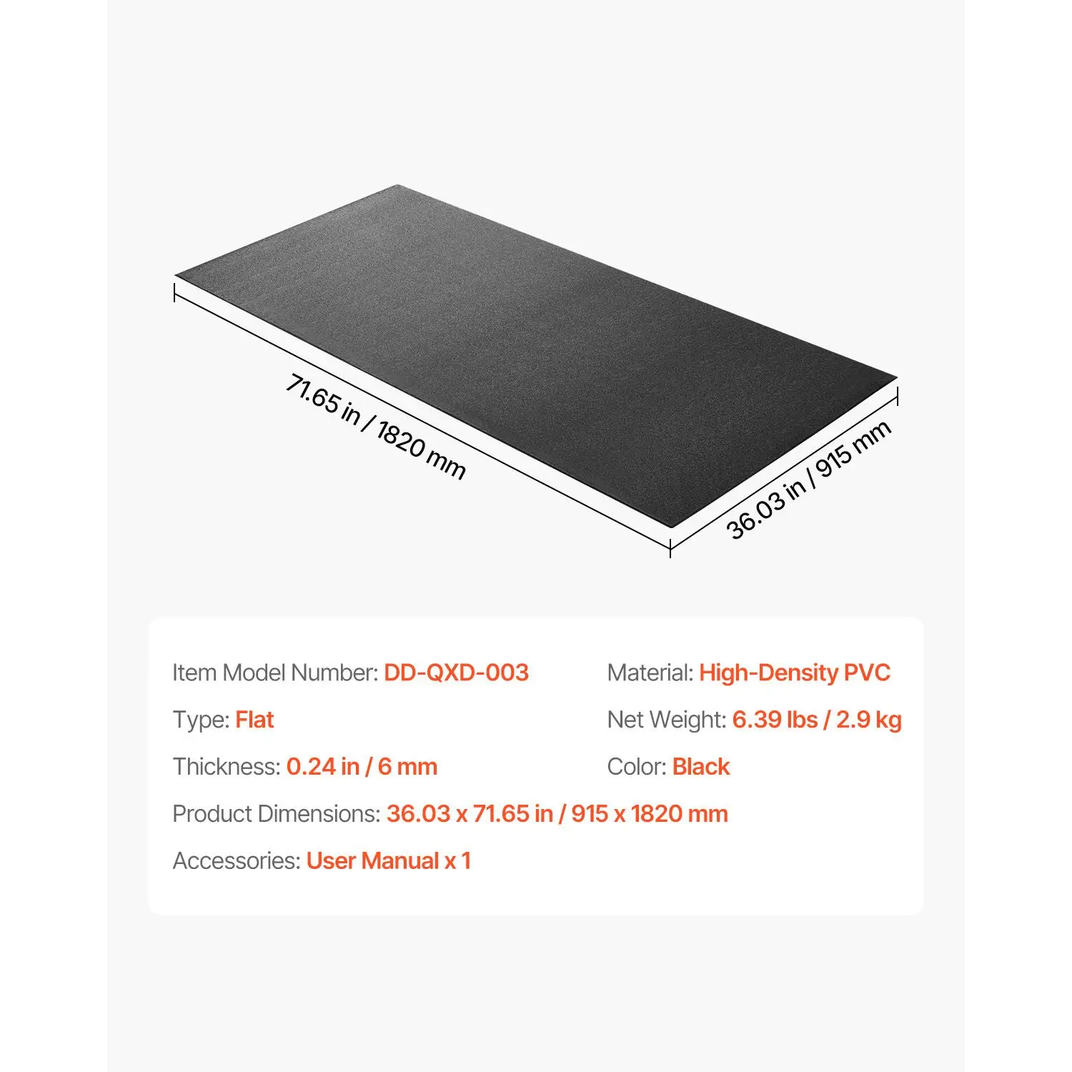 Treadmill Mat for Carpet Floor, 1/4" Thick, 36" x 72" Exercise Equipment Mat for Treadmills, Elliptical, Rowing Machine, High Density PVC Floor Protector, Waterproof and Non-slip for Home Gym