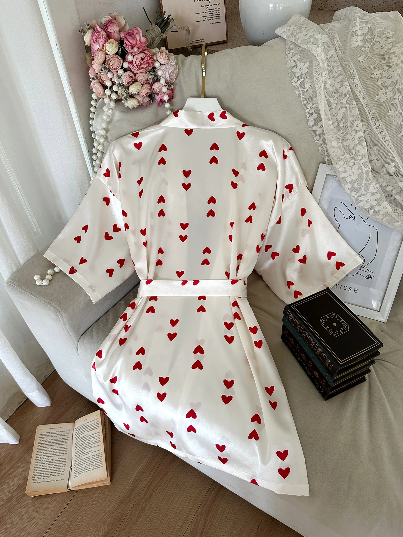 Autumn and Winter Women Satin Robe Heart Print Belted Nightgown Ladies Bathrobe Bridal Party Sleep Pajamas